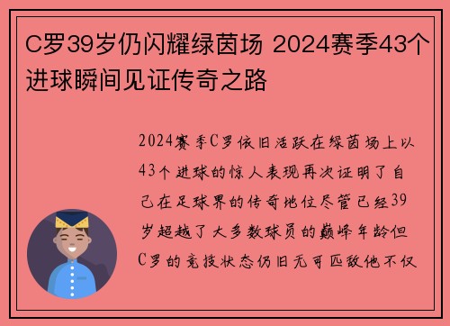 C罗39岁仍闪耀绿茵场 2024赛季43个进球瞬间见证传奇之路