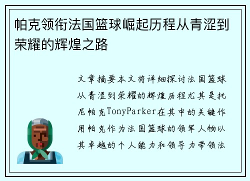 帕克领衔法国篮球崛起历程从青涩到荣耀的辉煌之路