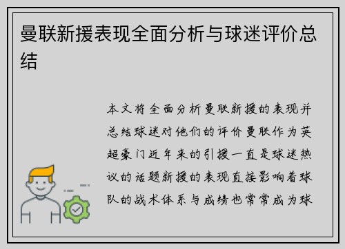 曼联新援表现全面分析与球迷评价总结